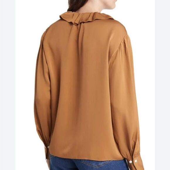 Frame Ruffle Collar V-Neck Silk Long Sleeve Blouse in Camel XS NWT $448 - Picture 2 of 4